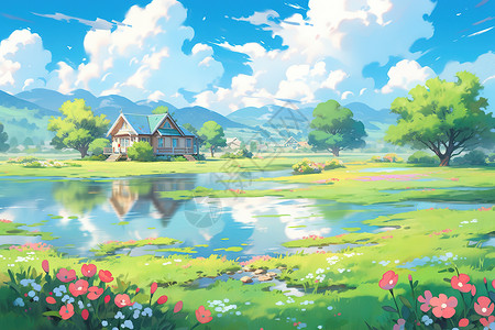 夏日蓝天草地小房子彩色卡通背景图片