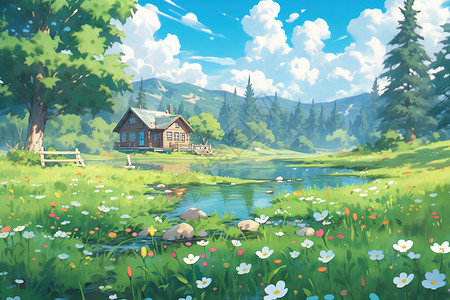 彩色卡通夏日森林小房子图片
