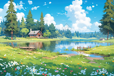彩色卡通夏日森林小房子背景图片