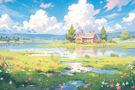 夏日草地上的湖泊插画场景图片