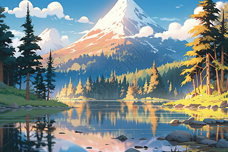 旅游雪山下的湖泊卡通插画图片