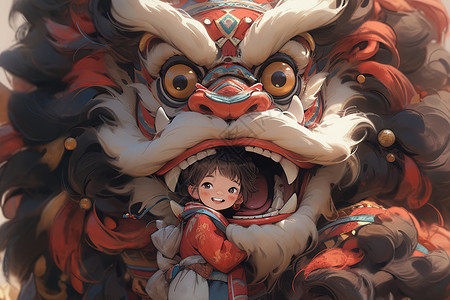 可爱小女孩与舞狮中国风插画图片