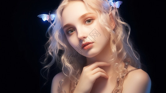 化妆品写实梦幻蝴蝶围绕的精灵少女插画
