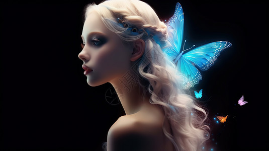 带翅膀美女蝴蝶精灵少女的侧脸插画