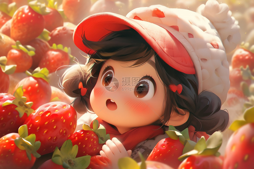 抱着一堆草莓的可爱小女孩卡通图片