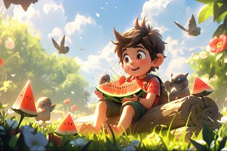 夏季吃西瓜的小男孩卡通插画背景图片