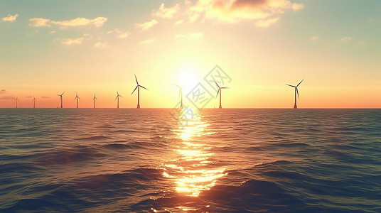 落日下的海上风力发电设备高清图片