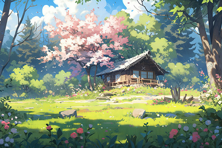 森林小房子的春天卡通插画治愈风景背景图片