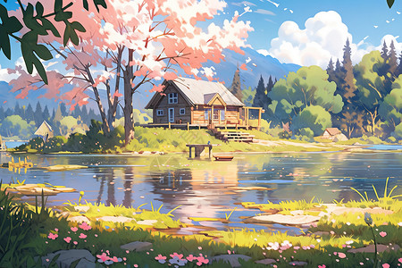 森林小房子的春天卡通小清新风景图片