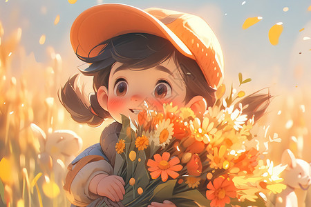 阳光下抱着花的小女孩图片