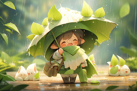 一把绿色可爱的雨伞下雨天撑着荷叶雨伞的小男孩插画