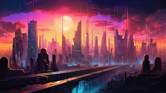 未来主义霓虹灯下城市景观背景图片