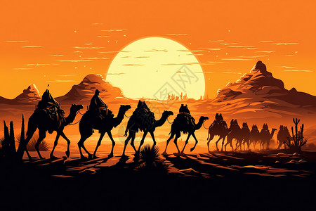 丝路商队骆驼商队在美丽的日落下跋涉穿过沙漠插画