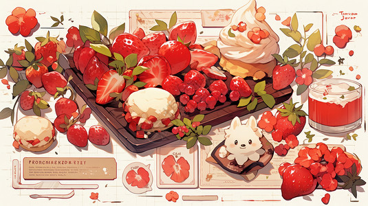新鲜大草莓美味的小清新草莓甜品插画