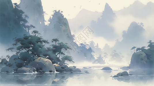 优雅的水墨画中国风山水画背景图片