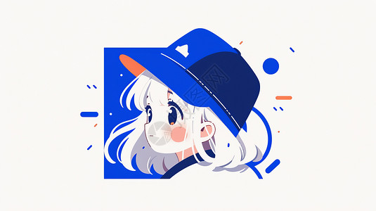 戴蓝帽子的女孩戴着蓝色帽子白色头发大眼睛可爱卡通女孩插画