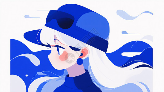 白色长发蓝色帽子扁平风卡通女孩图片
