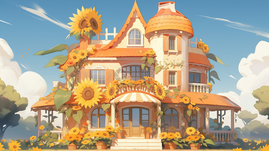 卡通长满向日葵的房子图片