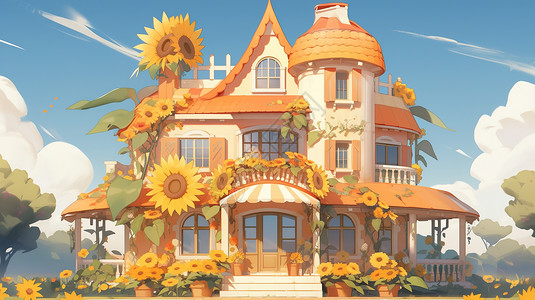 卡通长满向日葵的房子背景图片