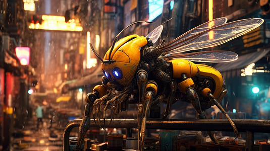 科幻雨中在街上的蜜蜂机器人背景图片