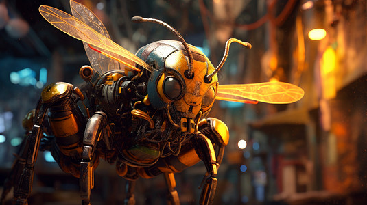 科幻金属质感在街上的蜜蜂机器人背景图片