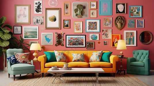 波西米亚风格客厅墙上的装饰画背景图片