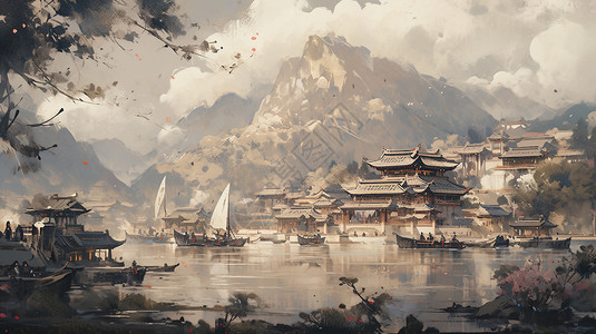 中式建筑国画背景图片