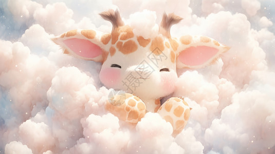 躺在云朵上开心笑的可爱卡通长颈鹿背景图片