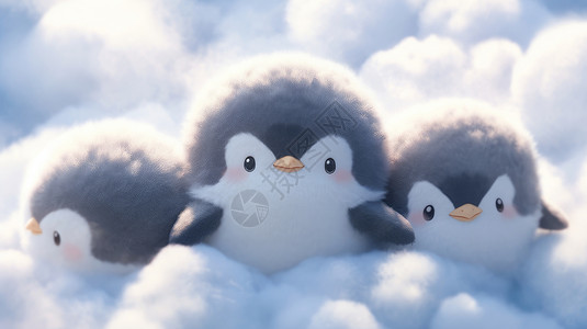 可爱毛茸茸的卡通企鹅在云朵上图片