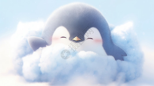 玩具企鹅裹着云朵打招呼的可爱卡通企鹅插画