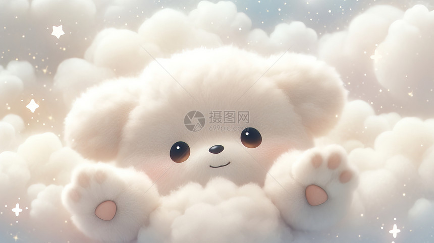 在云朵上开心打招呼白色卡通小狗图片