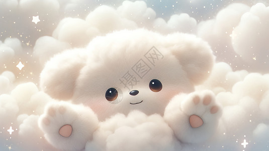 早安艺术立体字在云朵上开心打招呼白色卡通小狗插画
