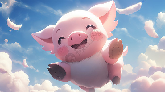开心飞行的卡通小猪在蓝天白云间图片