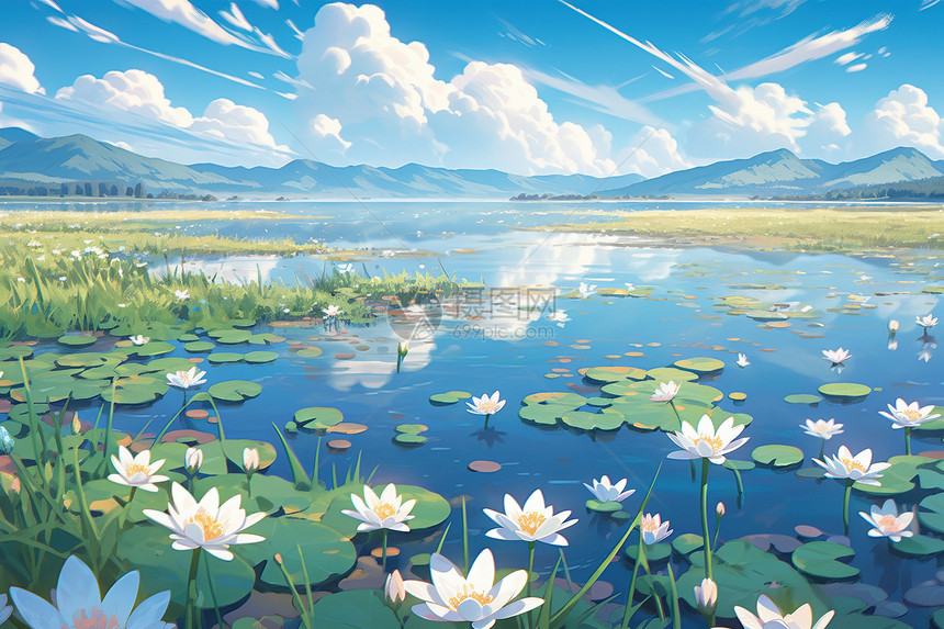 盛夏湖泊的盛开的莲花漫画图片