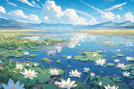 盛夏湖泊的盛开的莲花漫画背景图片