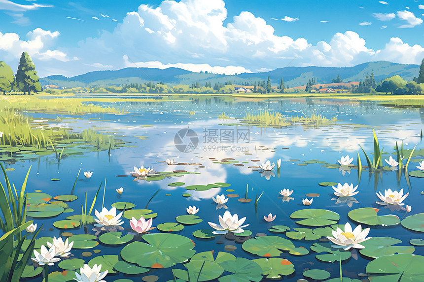 盛夏湖泊中盛开的莲花漫画图片