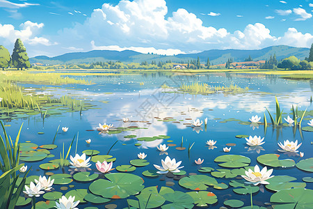 盛夏湖泊中盛开的莲花漫画图片