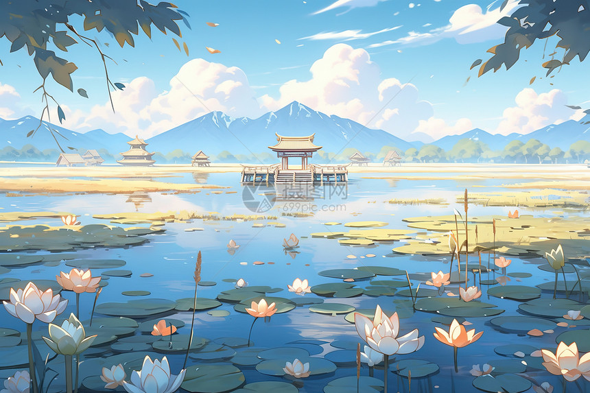 夏日亭子湖泊里盛开的莲花图片