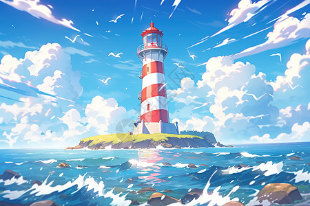 夏日海中央的灯塔夏天漫画背景图片