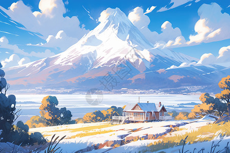 雪山下小屋冬季风景漫画图片