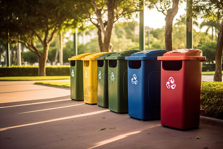 绿色木质收纳箱维护良好的城市公园里回收垃圾桶插画