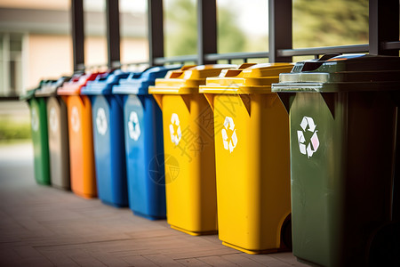 绿色木质收纳箱小区整齐摆放的垃圾回收箱插画