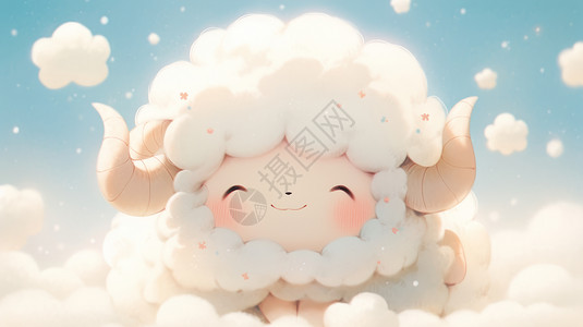 在云朵间可爱微笑的卡通小羊背景图片