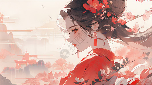 头戴红色花朵的古风卡通女孩背景图片