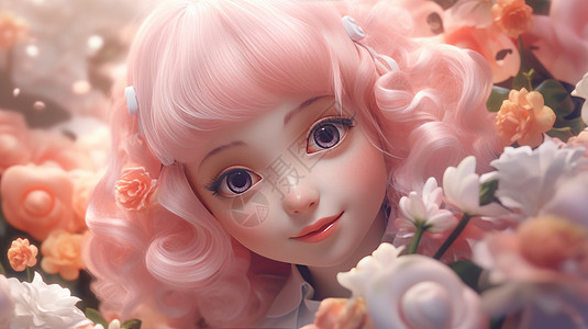 粉色卷发在花丛中的可爱女孩图片