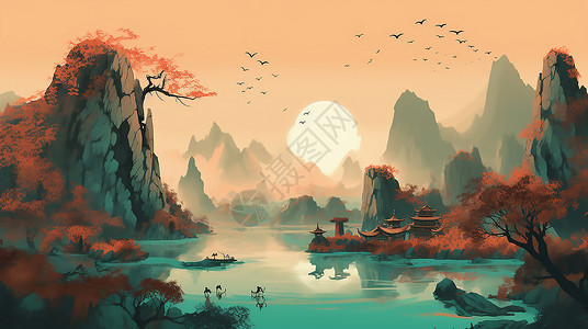 中式山水风景插画背景图片