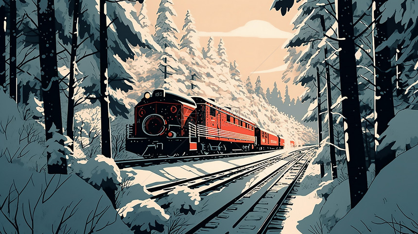 冬日里呼啸而过的火车，行驶在大雪中的列车，火车行驶在白雪皑皑的冬天，冬日景色里的火车图片