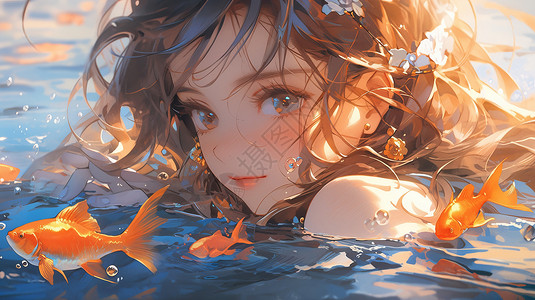 在水中游泳的卡通长发女孩与小鱼图片