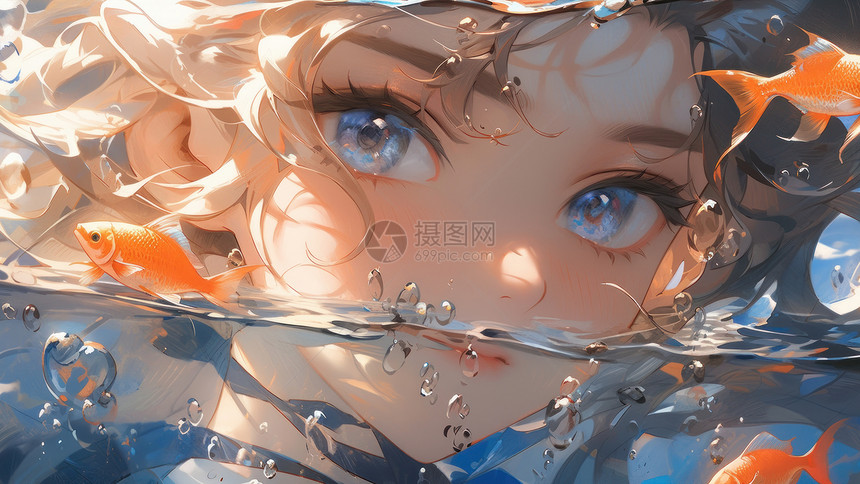 唯美大眼睛美丽的卡通女孩在水中图片