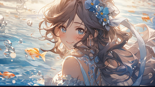 潜水美丽在水中的卡通女孩头戴蓝色花朵插画